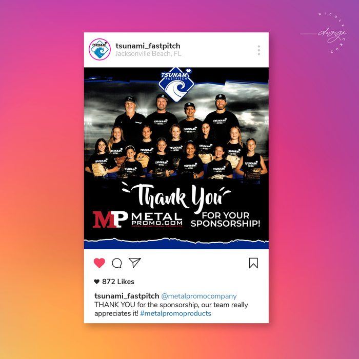 Instagram post thanking a sponsor: the squad and coaches in team shirts above "Thank You Metal Promo for your sponsorship!"