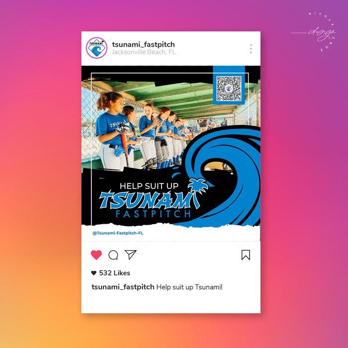 Instagram post from tsunami_fastpitch: a team photo above the words "Help suit up Tsunami Fastpitch" on a breaking-wave graphic, captioned "Help suit up Tsunami!"